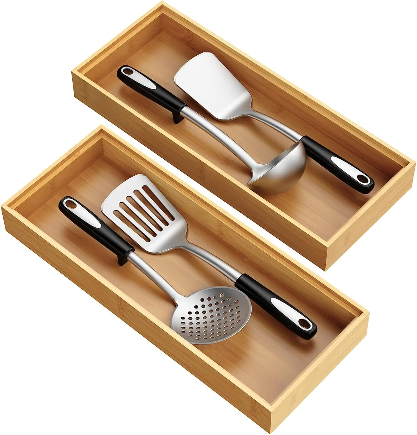 

Bamboo Drawer Organizer, Stackable Utensil Trays for Kitchen, Wood Silverware Organizer for Drawer, Set of 2-15'x6'x2'