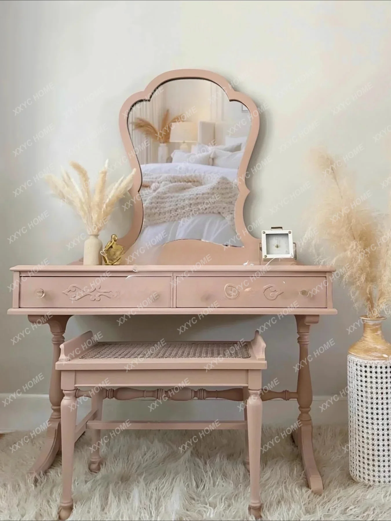 pg55 Retro Solid Wood Carved Korean Pink Dressing Table   Style with Mirror Makeup Table