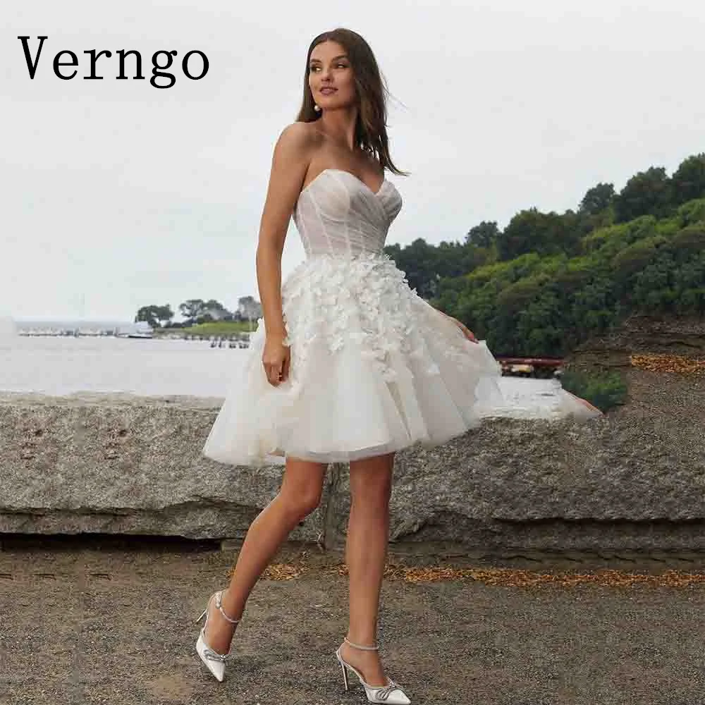 

Verngo Appliques Mini Wedding Dress Women Strapless A Line Sweetheart Short Bride Dress Elegant Above Knee Bridal Gowns