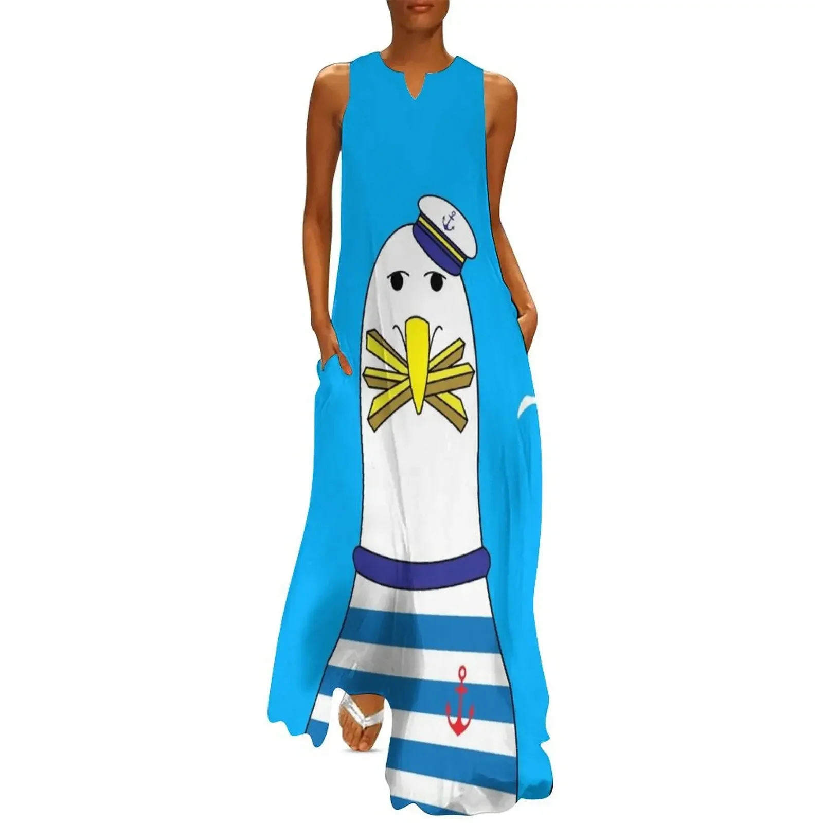 

Nautical Seagull Character Eating Chips Long Dress party dress women elegant luxury Female dress Women's summer long