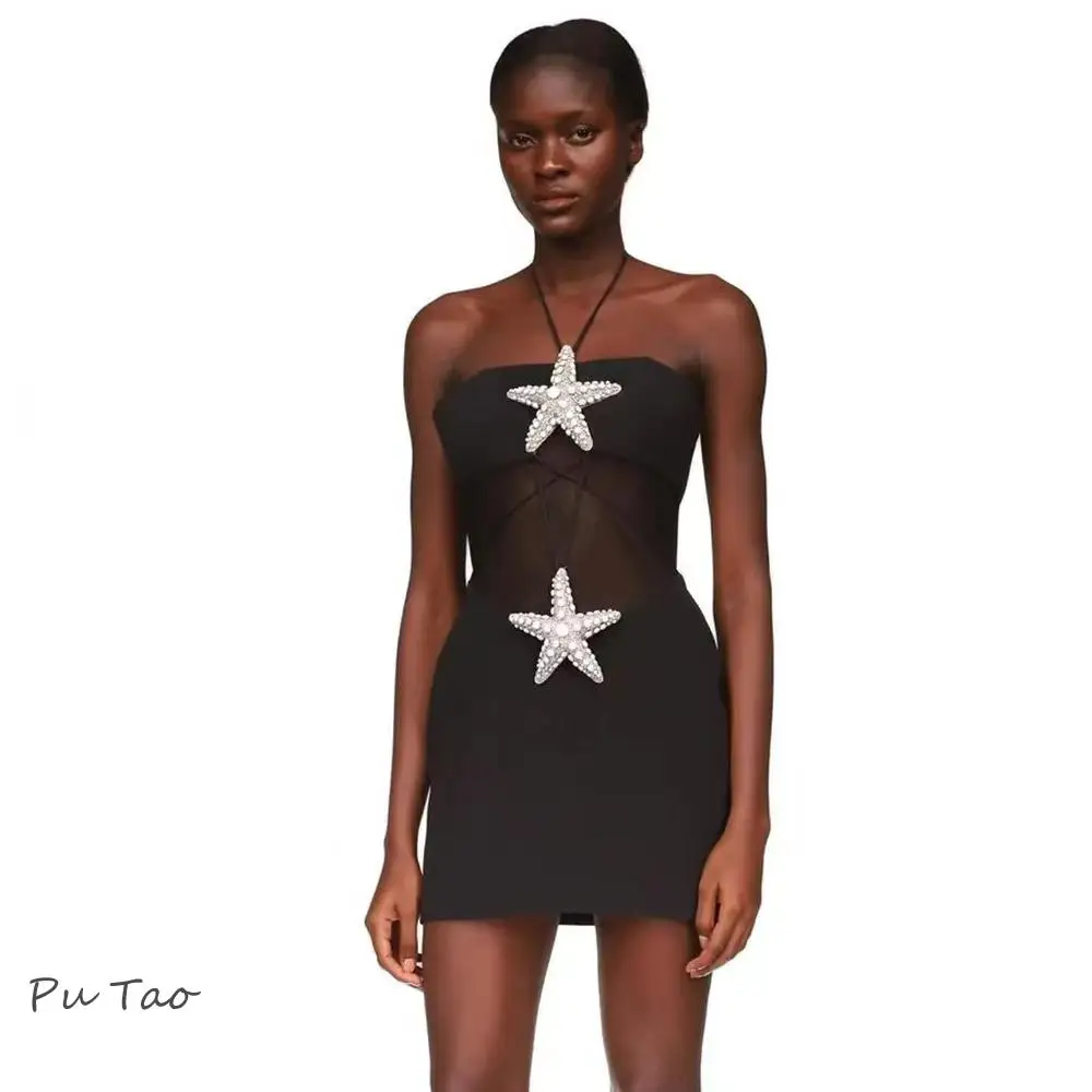 

Putao Sexy Mini Homecoming Dress Girl Star Beaded Women Sleeveless Halter Starfish Mesh Patchwork Black Bandage Cocktail Dress