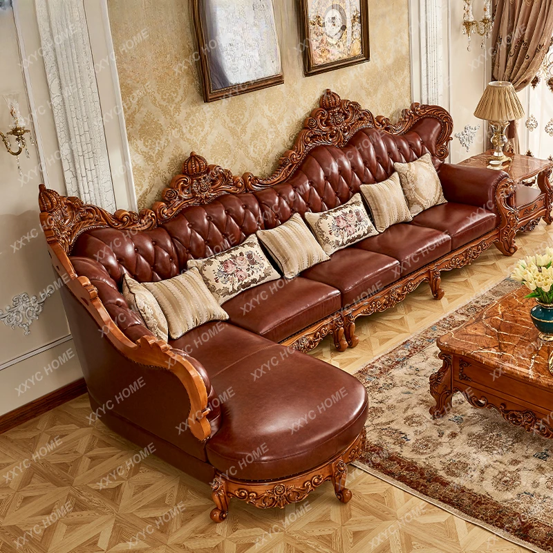 European-Style Sofa Villa Top Layer Leather Concubine Corner Combination Living Room Antique Solid Wood Simple European