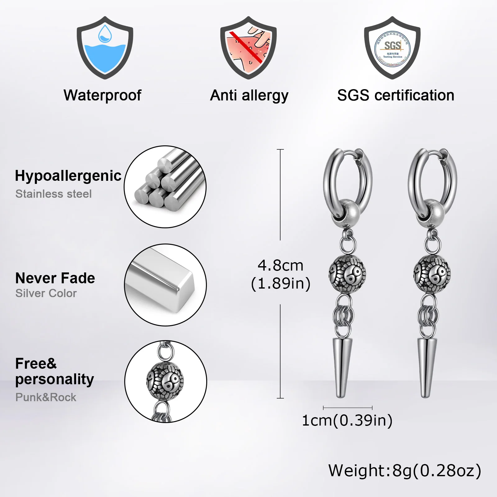 Vnox punk geométrico pingente brincos para homens mulheres, elegante cruz redonda grânulo cone pingente de aço inoxidável orelha gótico hiphop hoop