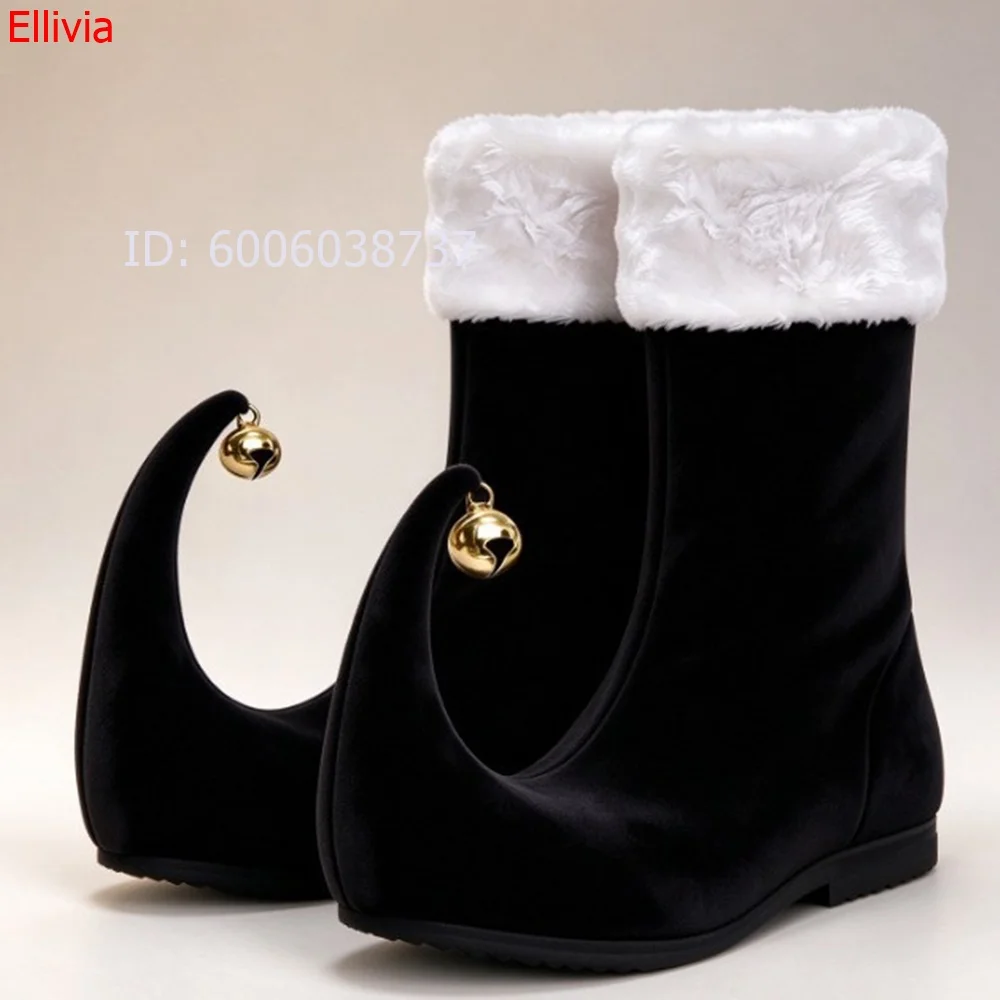 Women Christmas Ankle Boots Red Velvet White Faux Fur Cuff Bell Decor Pointed Curved Toe Cosplay Party Costume Boots
