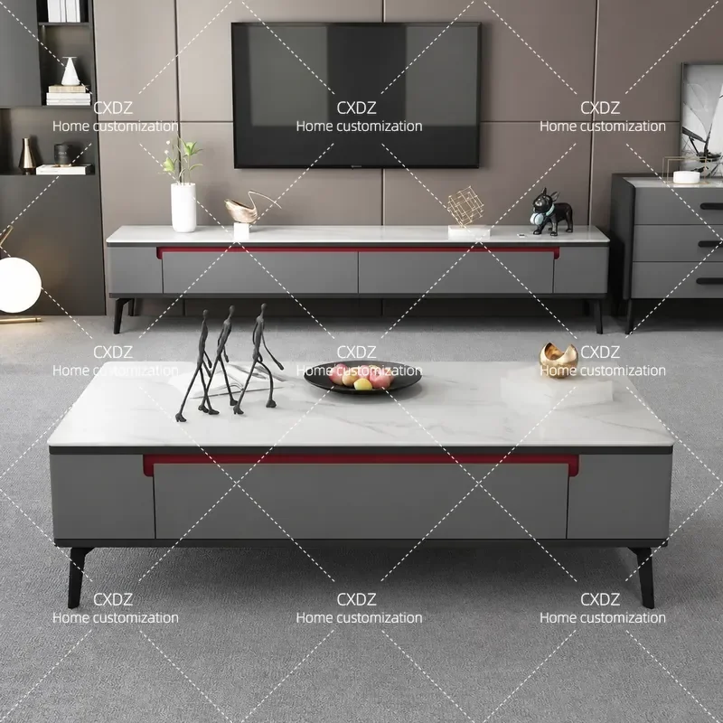 Solid Wood Coffee Table and TV Cabinet Combo Simple Living Room Floor Rock Slab Tea Table Small Apartment Storage Cabinet