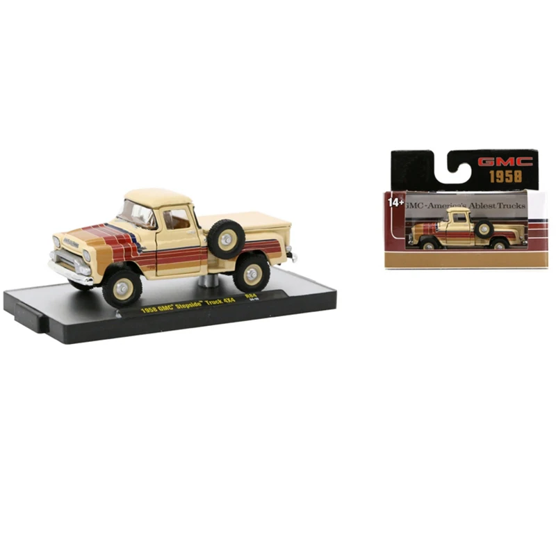 Escala 1:64 1958 GMC Stepside Truck 4X4 Simulação Liga Modelo de Carro Exibição Estática Brinquedo Colecionável Presente Decoração Lembrança