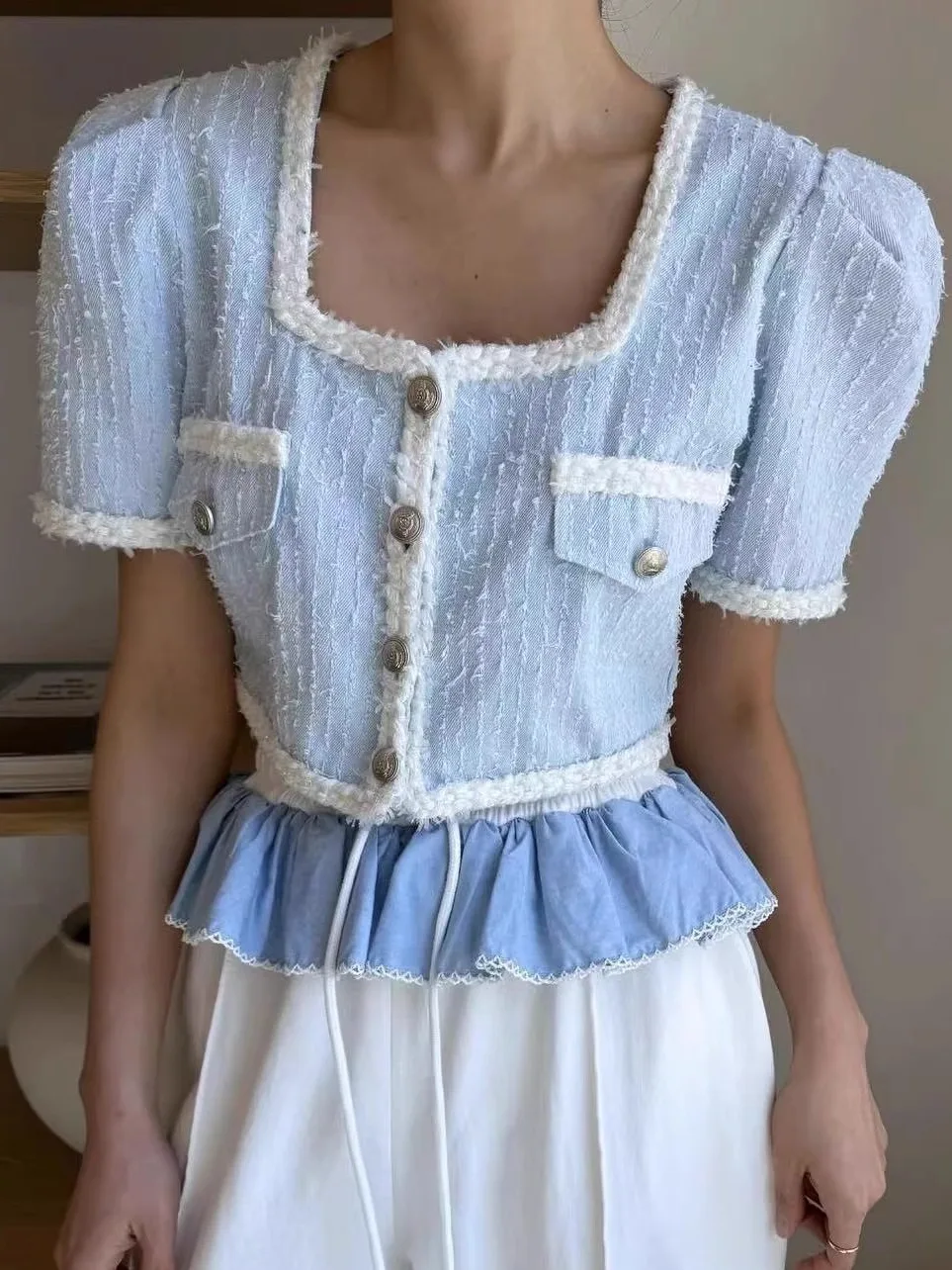 

Color Blo ort Coat Tweed Suit Jaet Women's Collar Button up Bubble Sve Top Sweet Small Fraance Sle