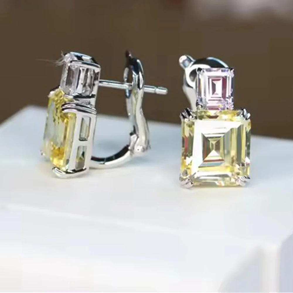 

KQDANCE 925 Sterling Silver Square Cut Sapphire Ruby Red Gemstone High Carbon Dimaond Earrings With Clip For Women Fine Jewelry