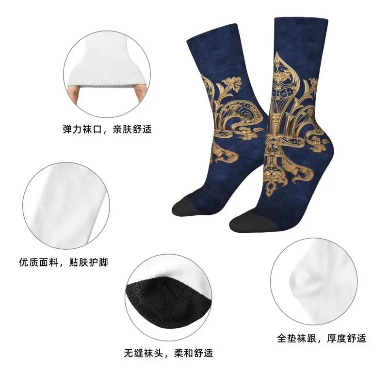 Coole goldene filigrane Fleur De Lis-Socken für Herren und Damen, warm, 3D-Druck, Fleur-De-Lys, Lilienblume, Fußball-Sportsocken