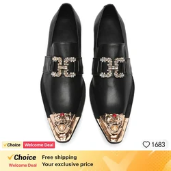 Hot Sell Pointed Toe Gold Metal new Leather Men Dress Shoes Evening Party Wedding Shoes Hairdress Sexy  Chain Men Shoes