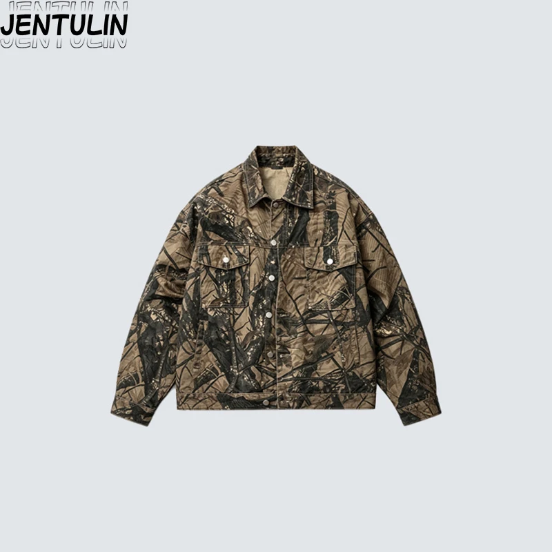 American Camouflage Tree Branch Workwear Jacket High Street Leaf Print Loose Denim Jacket For Men And Women