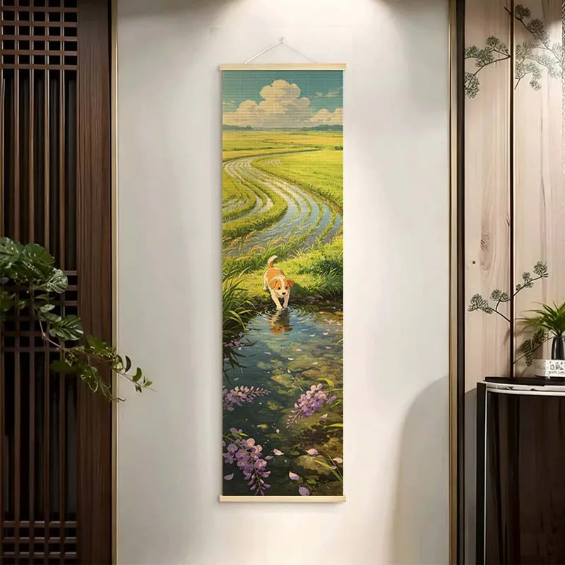 Room Decor Aesthetic Dog Wisteria Japanese Anime posters Landscape Bamboo Scroll Wall Art Cottagecore for Rooftop Cafe Healing