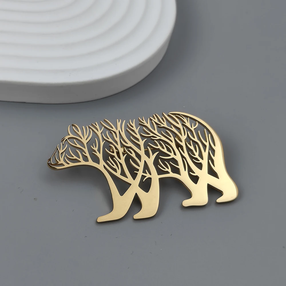 Bear Pattern Brooch for Mens Luxury Stainless Steel Hollow Animal Lapel Pin Clothing Accessories Christmas Party Gifts