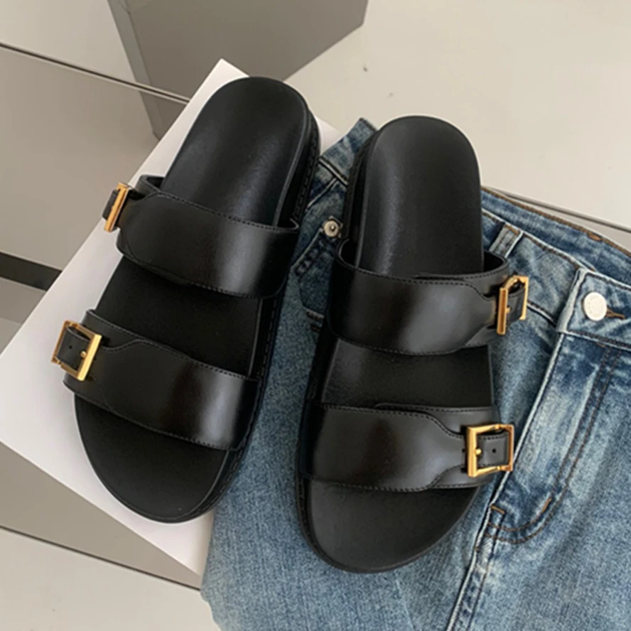 

Withered Fashion Blogger Ladies Thick-soled Flat Shoes Black Casual Slippers Genuine Leather Commuter Women