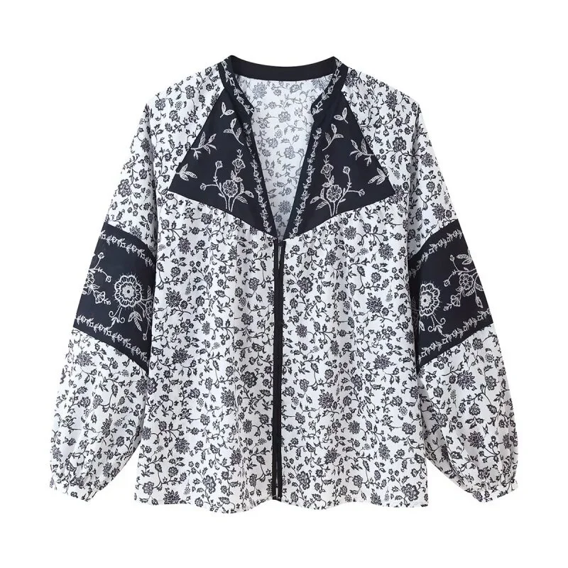 2026 Bohemian V-Neck Floral Blouse for Women Spring Summer Long Sleeve Button Down Shirt Ruffled Cuffs Casual Daily Outwear Tops