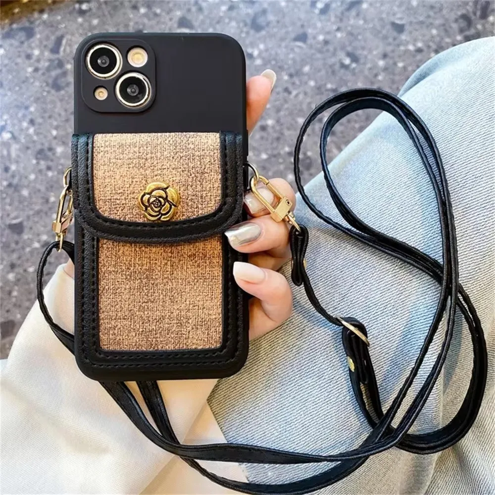 Luxe 3d Camellia Bloem Lederen Kaart Tas Crossbody Lanyard Zachte Hoes Voor Iphone 15 14 16 Pro Max 13 12 11 X Xs Xr 7 8 Cover