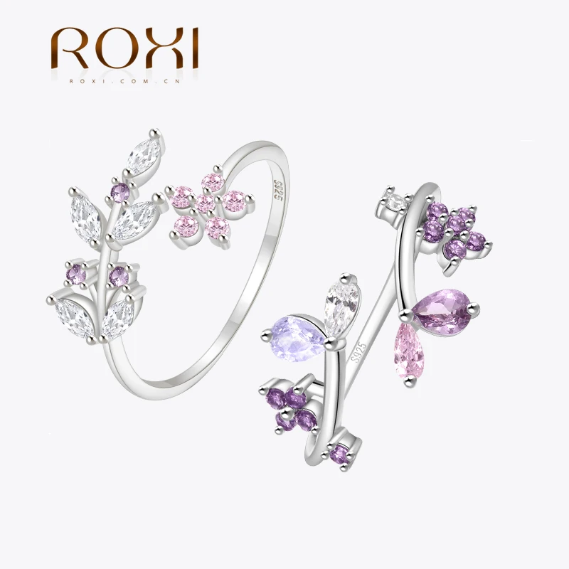 ROXI 925 Sterling Silver Pink/Purple Leaf Flower Star Crystal Rings For Women Adjustable Party Wedding Engagement Jewelry anillo