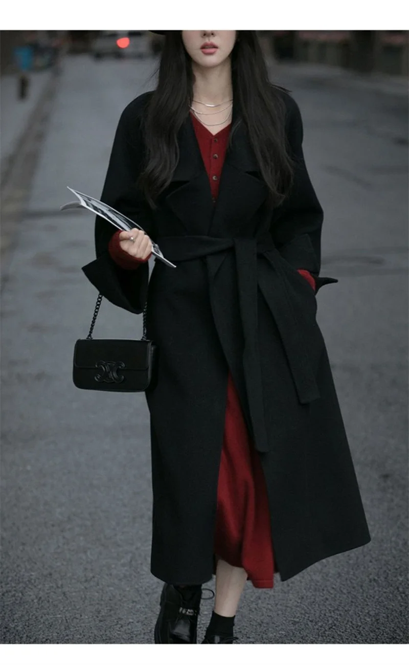 Abrigo de lana de doble cara para mujer, abrigo pequeño rojo por encima de la rodilla, medio a largo, estilo perezoso francés, Otoño e Invierno