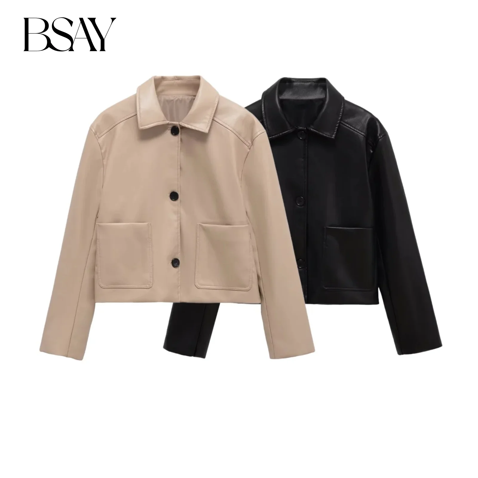 

BSAY Imitation Leather Jacket for Women Fashion Autumn New Pocket Long Sleeved Single-breasted Lapel Short Coats Chic Ladies