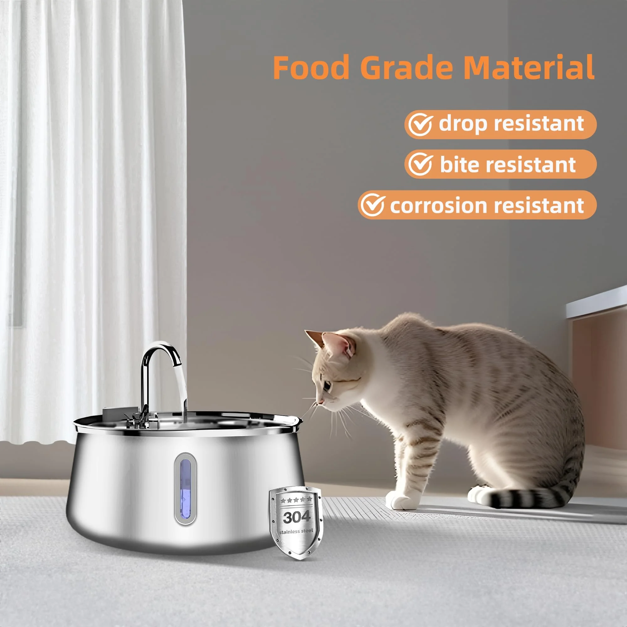 304 Stainless Steel Pet Water Fountain 4L/134 oz Cat Automatic Water Fountain with Faucet Silent Filter Clear Window