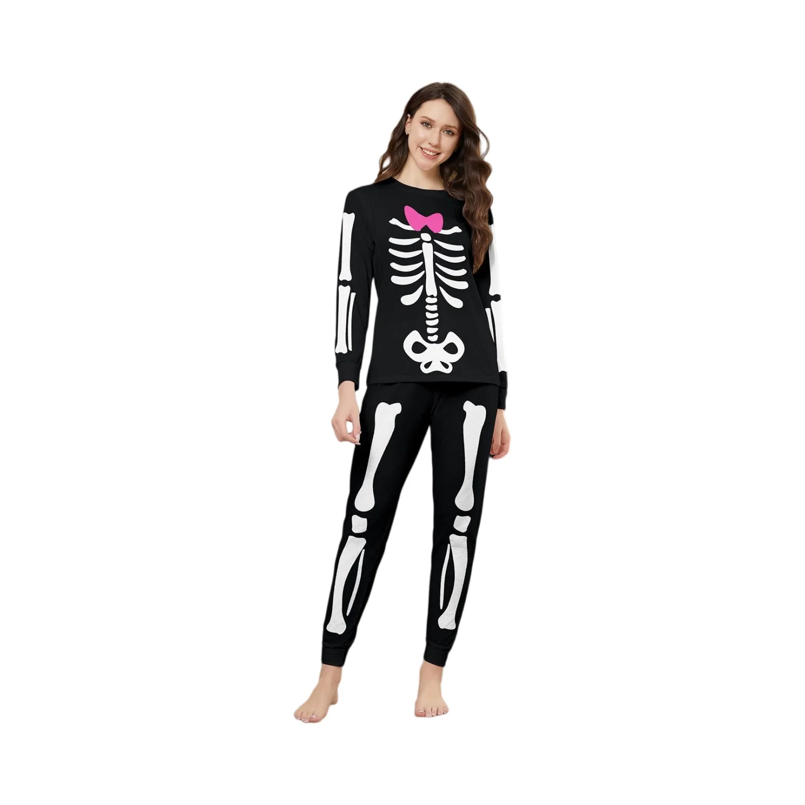 Halloween Family Matching Outfits Skeleton Print Parent-Child Sleepwear Soft Loose Pajamas Set Holiday Wear Home Outfit Set