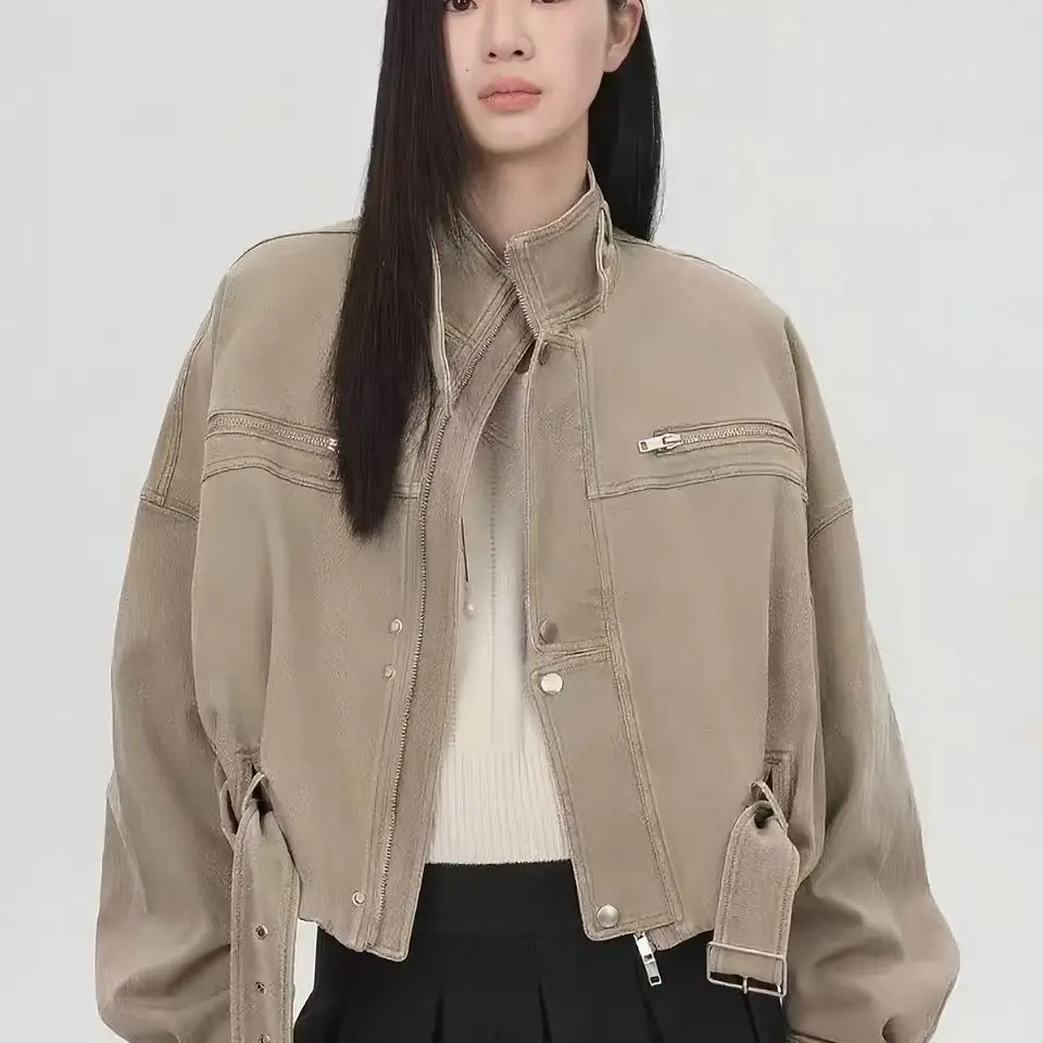

Женская винтажная универсальная куртка в американском стиле, повседневная укороченная куртка с воротником-стойкой в мотоциклетном стиле, осень 202, универсальные верхние куртки для женщин
