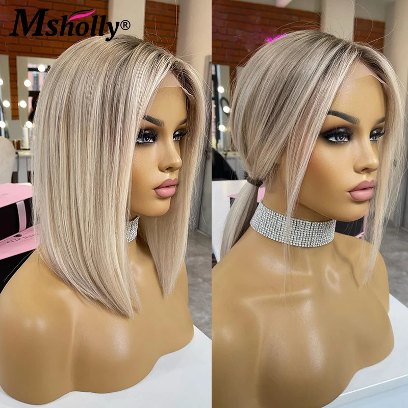 Highlight Ash Blonde 13x4 Lace Front Wigs Human Hair Straight Short Bob Cut Human Hair Wig Transparent Lace Ombre Colored Wigs