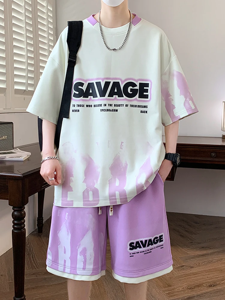 カジュアルなアイスシルク素材のゆったりとした半袖ラウンドネックtシャツとスポーツショーツのセット。ティーンエイジャーの学生向け、速乾性のある夏のアウトフィット。