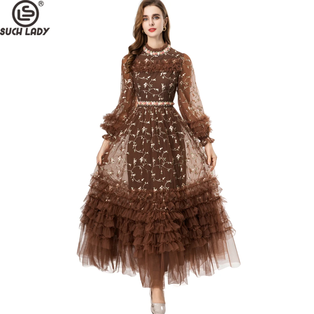 Vestido maxi feminino bordado floral, gola redonda, mangas compridas e saia de tule com babados em várias camadas para ocasiões especiais, vestido de festa