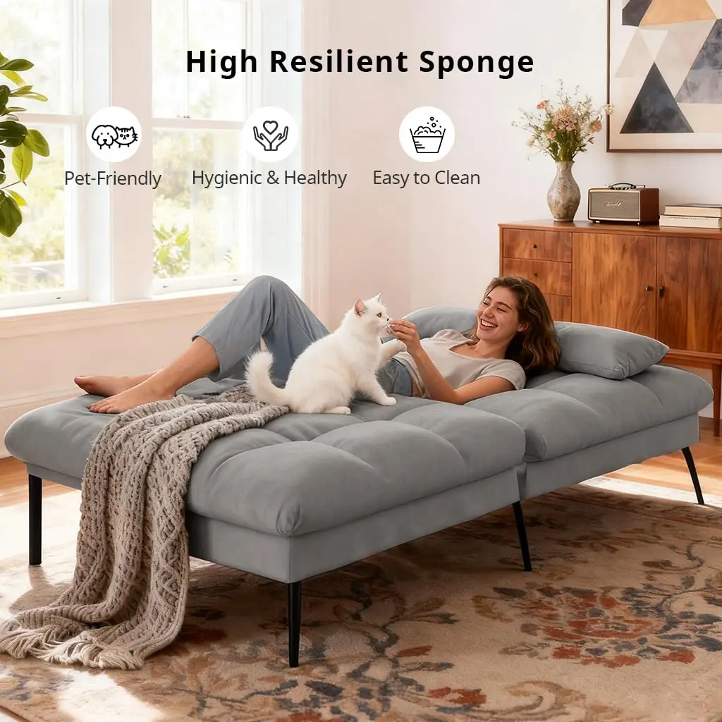 72″ Convertible Futon Sofa Bed, Adjustable Backrest, Grey