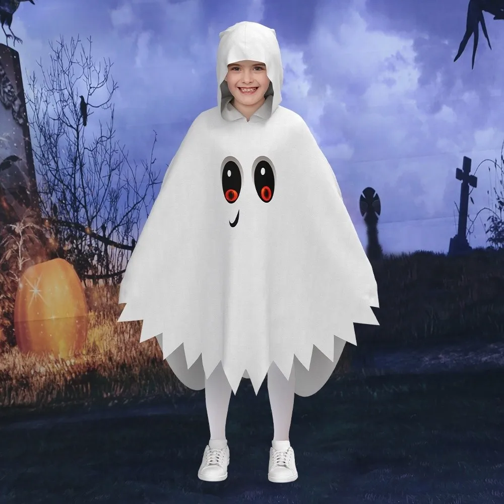 

Glowing Halloween Kids Cosplay Cloak White Black Clothing Prop Ghost Hooded Cloak Loose Fun Interaction Ghost Face Cloak Shawl