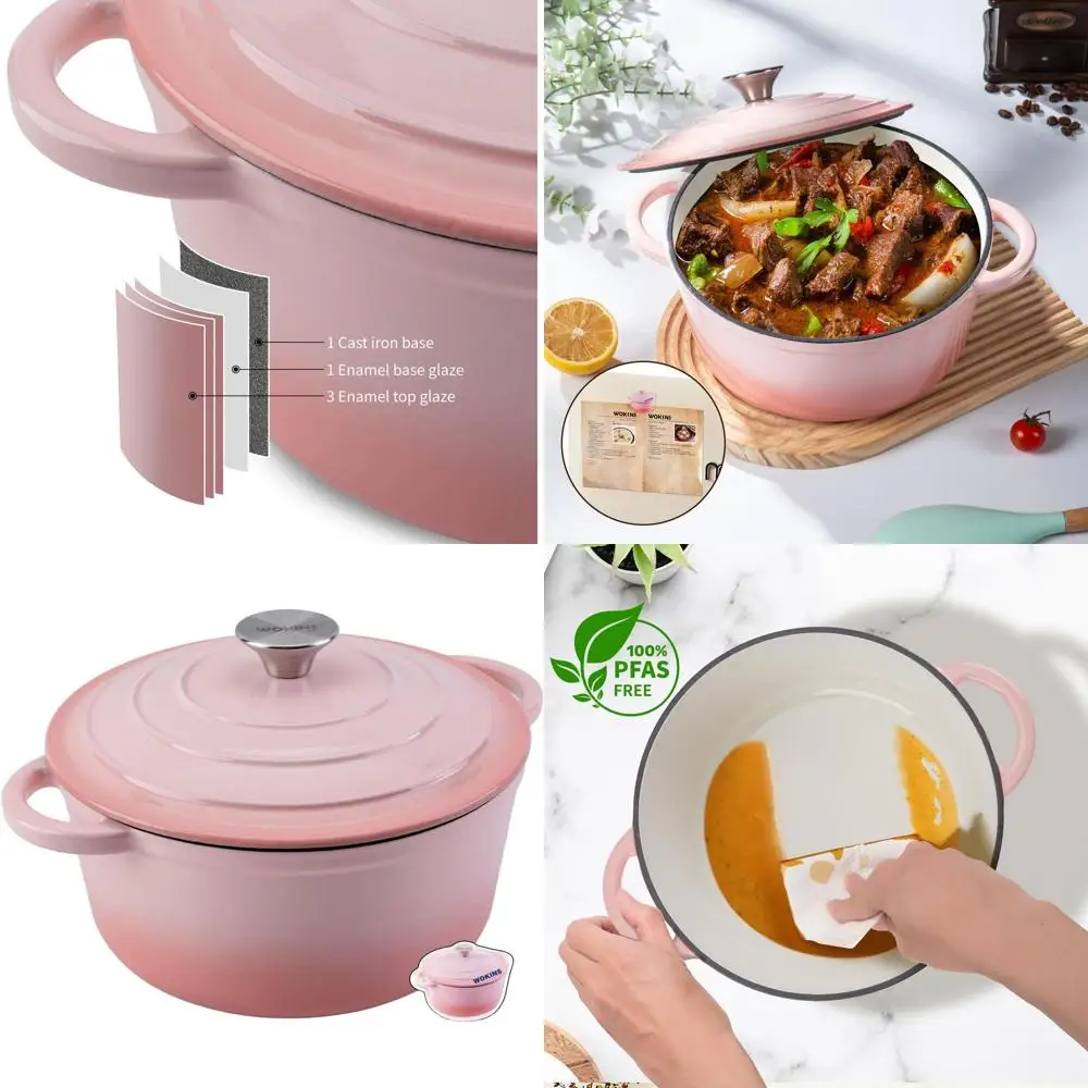 

Pink 5.5-Quart Enamel Cast Iron Dutch Oven with Lid for Baking, Braising, Stews, and Roasting, Oven-Safe to 500°F