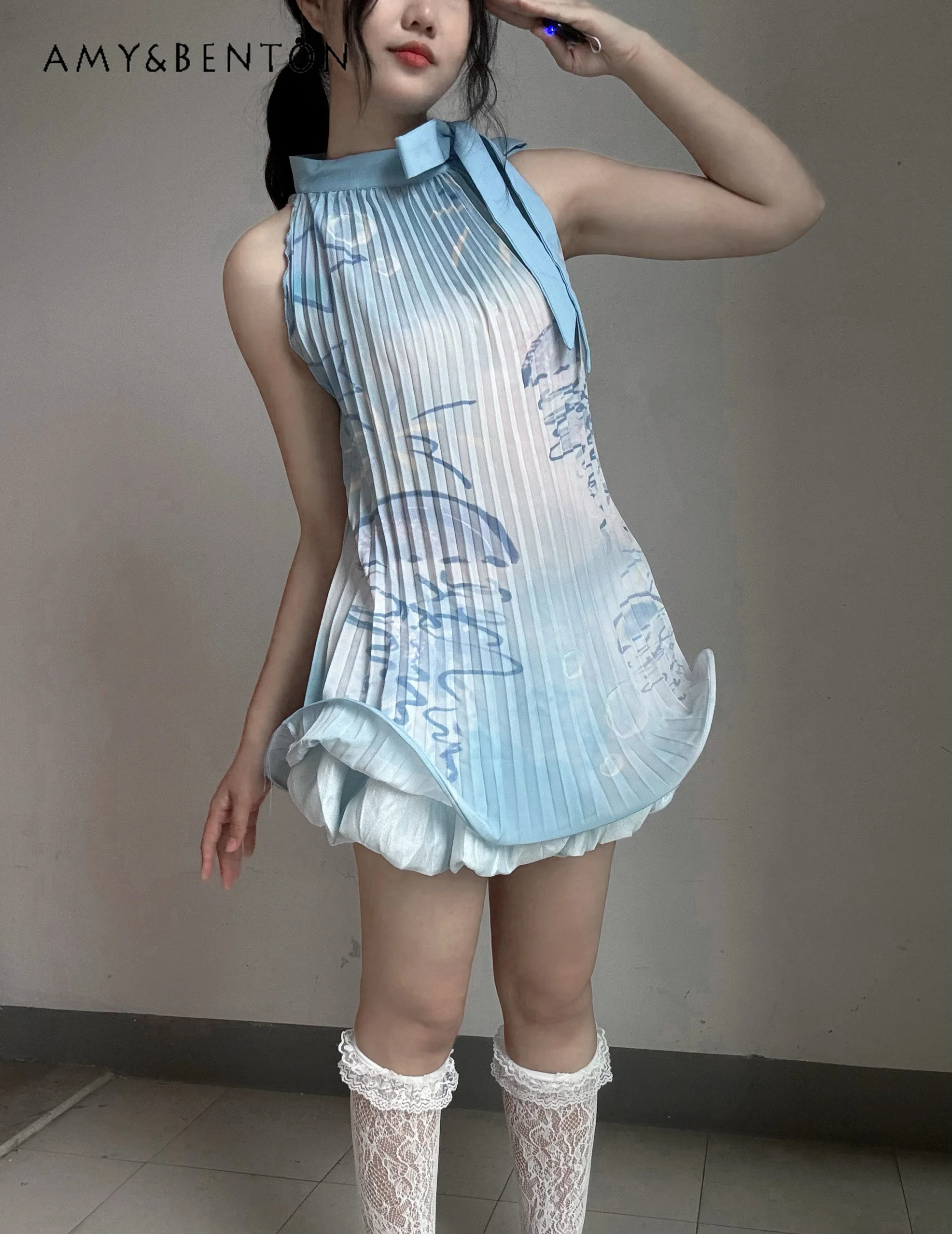 Abito sottoltura stile punk cartone animato stampato a lisca di pesce per le donne Gotico dolce ragazza cool halter onda abito in chiffon Y2K abiti tutu