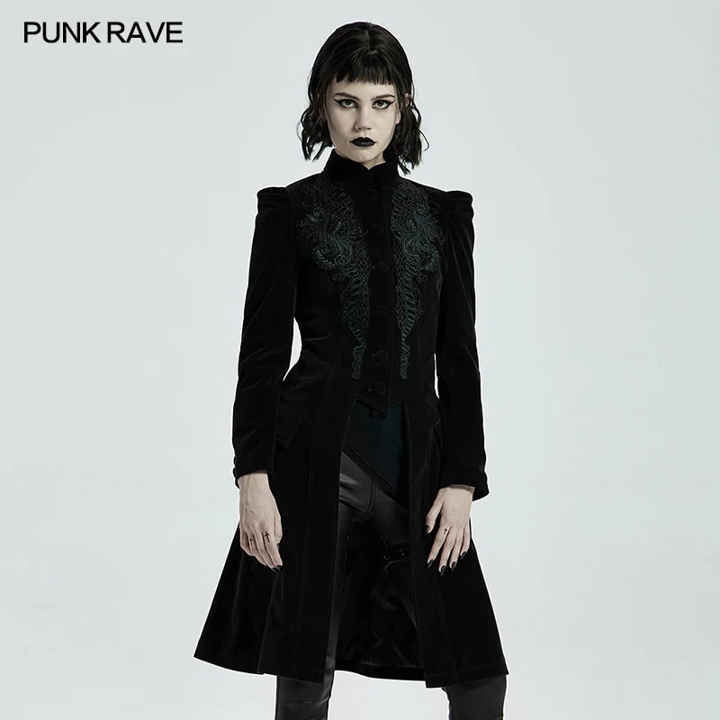 

PUNK RAVE Goth Mid Length Coat High Grade Weft Velveteen Gothic Lace Clothing Retro Jackets Party Evening Dinner Coats