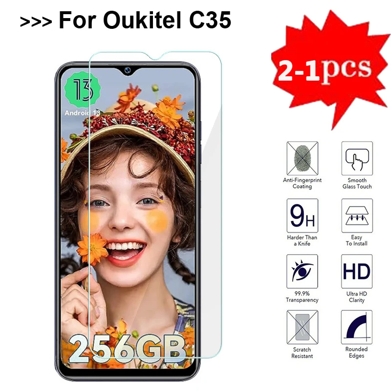 2-1PCS Tempered Glass For Oukitel C35 Screen Protector Film 9H Protective Glass For Oukitel C35 C 35 Oukitel Pelicula De Vidrio