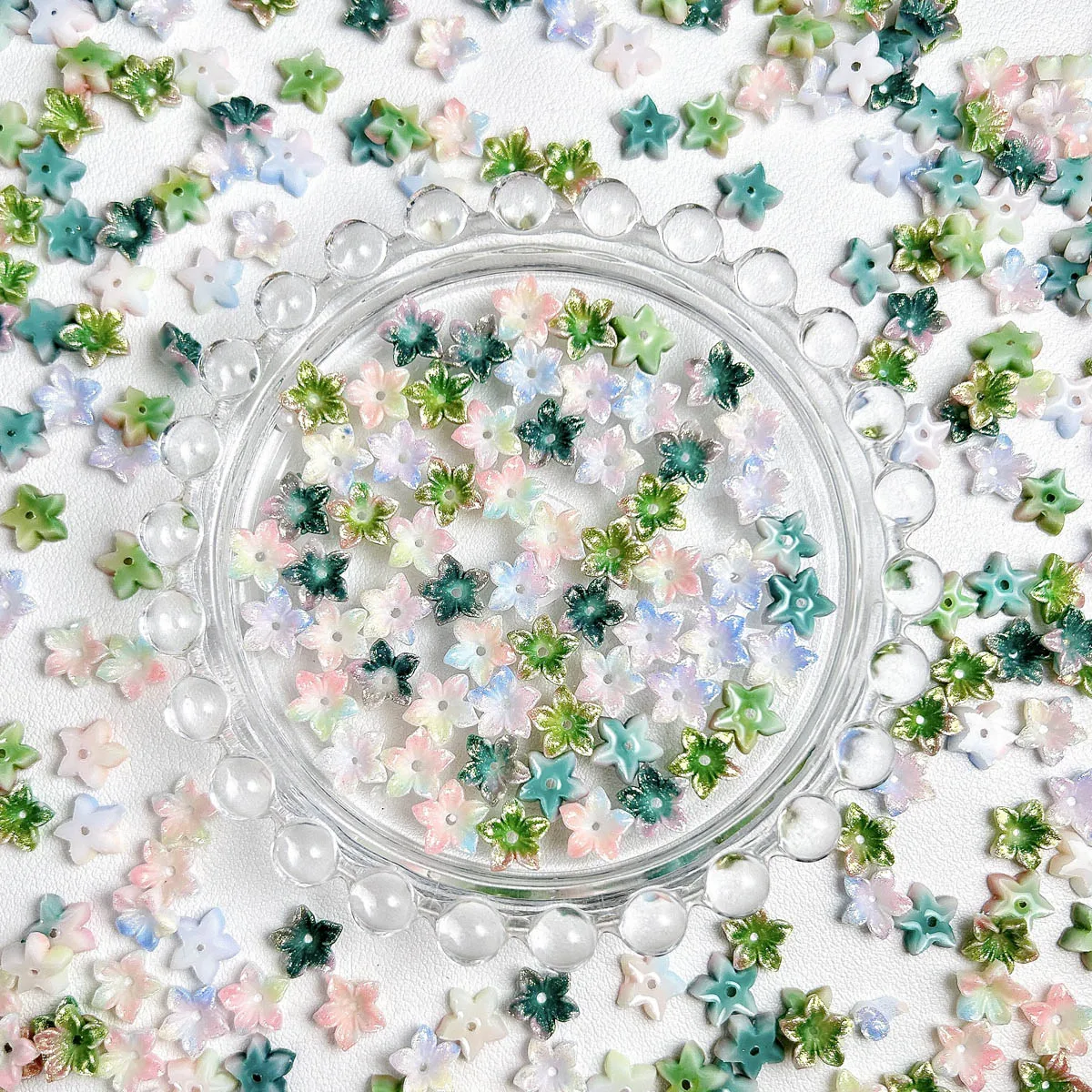 60PCS New Creative Perforated Five Petal Flowers Resin Nail Art Decorations 3D Colorful Shinny Luminous Blossoms Nail Charms DIY