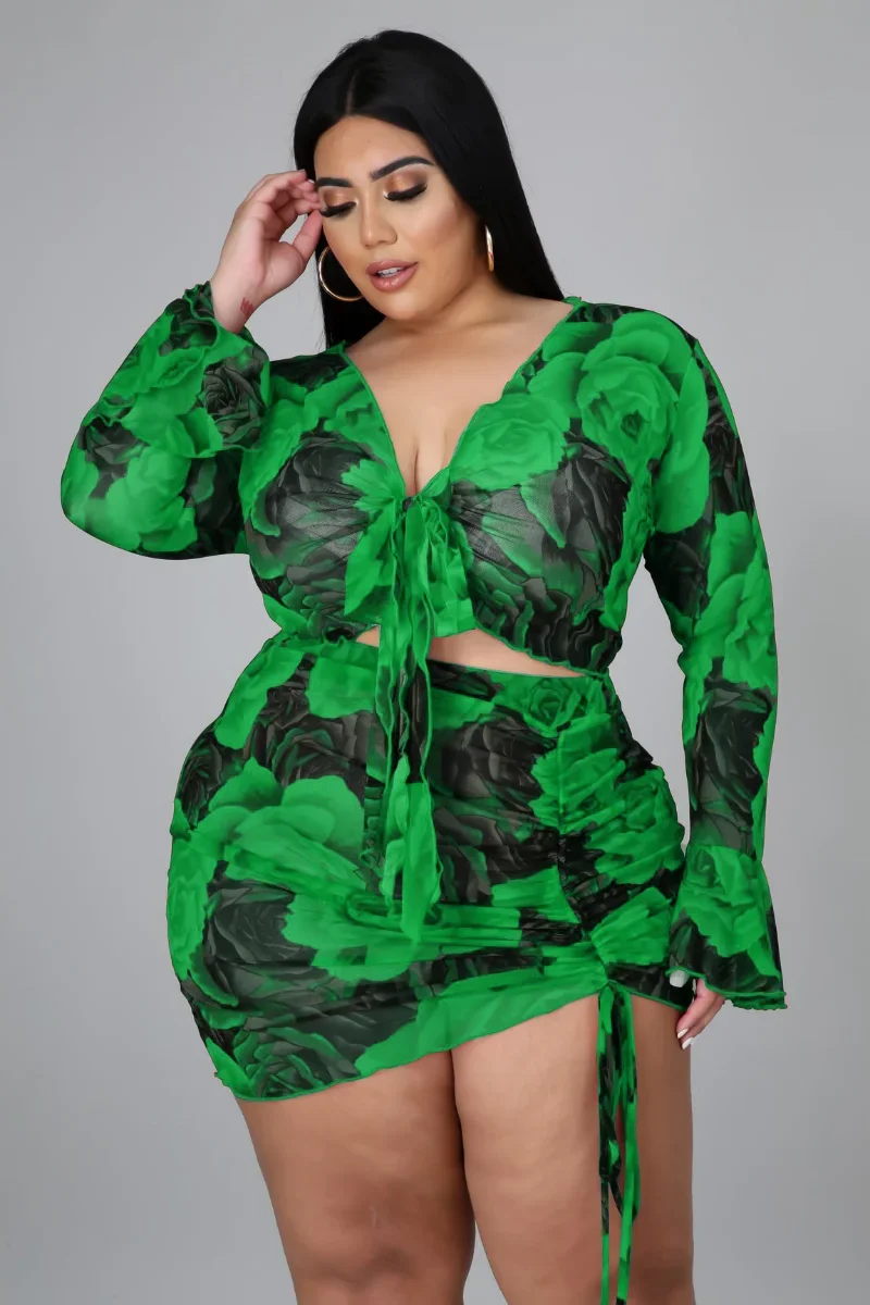 

KEXU Sheer Print Mesh Women Plus Size Set Full Flare Sleeve Bandage Crop Tops Shirring Skirts Two Piece Sets Sexy Outfit Summer