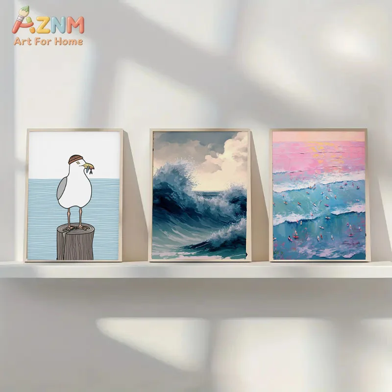 1pc Aesthetic Coastal Canvas Wall Art Seaside Beach Birds Fish House Decor Modern Ocean Waves Minimalist Print Vintage Poster