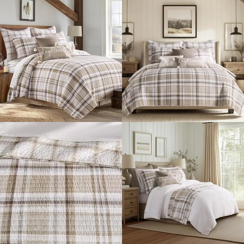 لحاف منقوش من القطن قابل للعكس - ألوان محايدة باللون البيج والأسمر - مقاس مزدوج 68 × 86 بوصة - فراش مريح ومتين #1