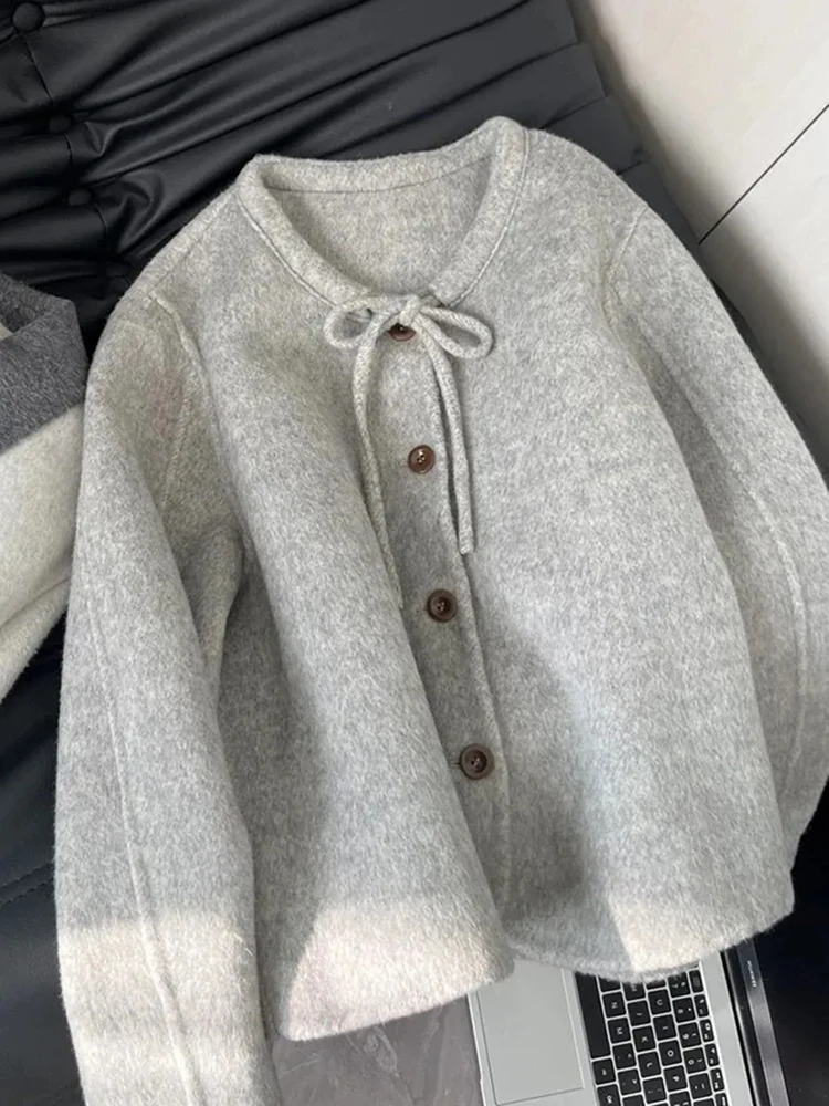 Korean Lace Up Crop Coats Women Long Sleeve Button Harajuku Sweet Outwear Preppy Loose Casual O Neck Elegant Autumn Winter Tops