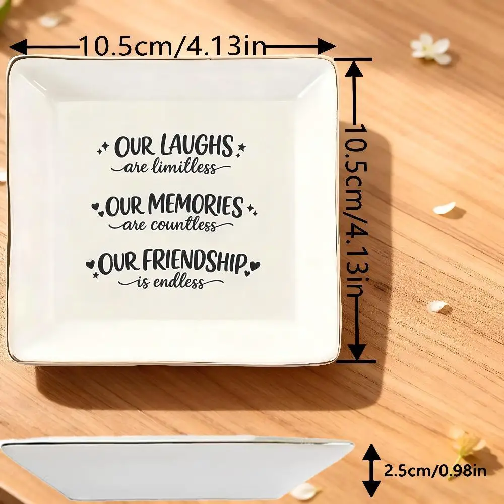 Jewelry Stand Friendship Quote Heart & Star Accents Square Ceramic Jewelry Tray, Minimalist White with Golden Rim Trinket Dish,