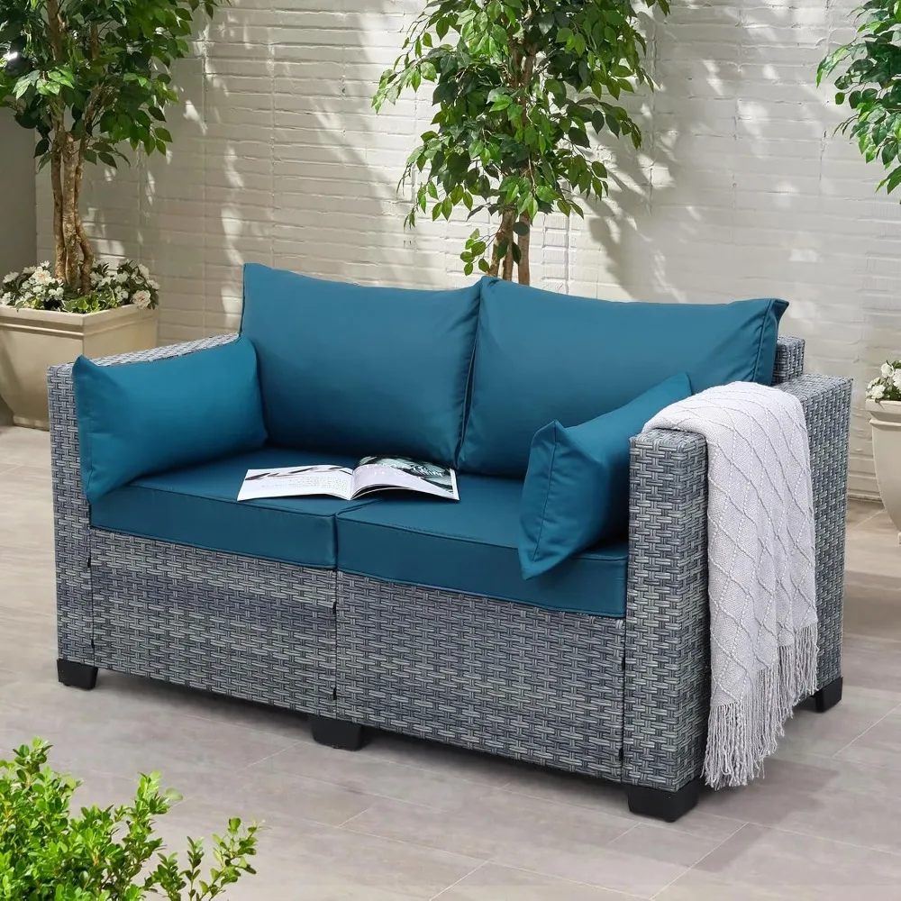 2024 New  Loveseat Sofa, 2-seater Small Couch, All Weather Wicker Love Seat Furniture with Peacock Blue Cushions, for Backyard