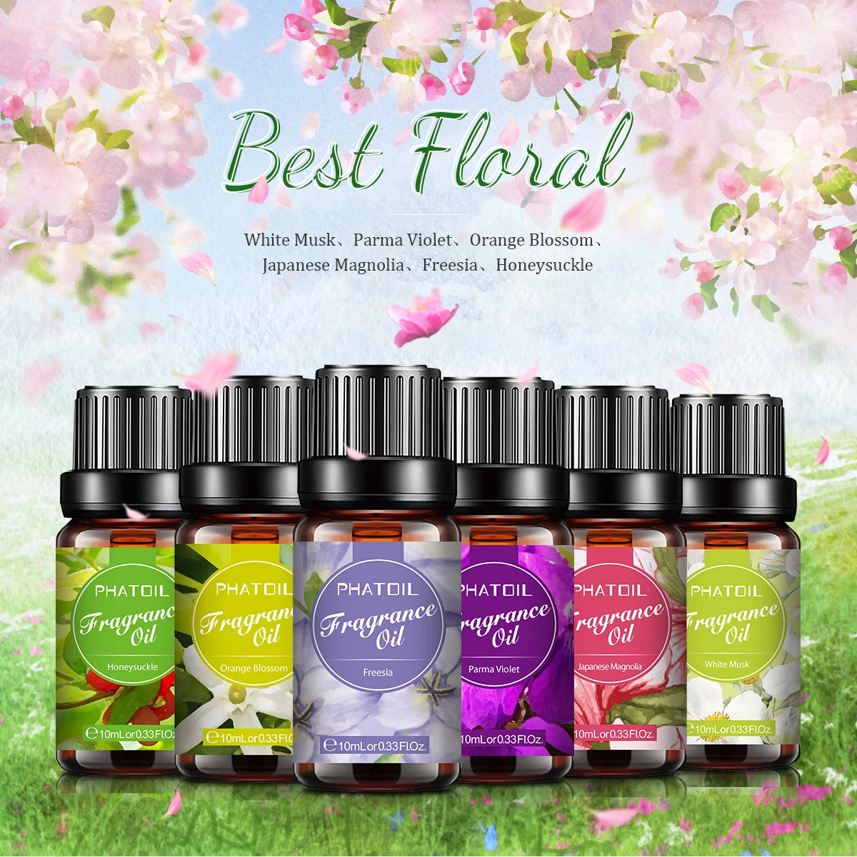 PHATOIL 6PCS Flower Fragrance Oils Set for Diffuser-10ML White Musk Orange Blossom Honeysuckle Freesia Parma Violet Magnolia