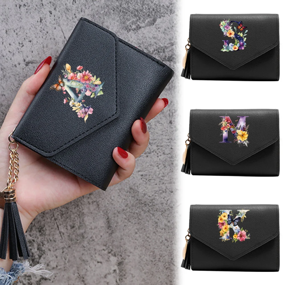 Wallet Black Small Leather Coin Purse Rfid Blocking Wallet Butterfly Pattern Mini Purse with ID Window for Women Men