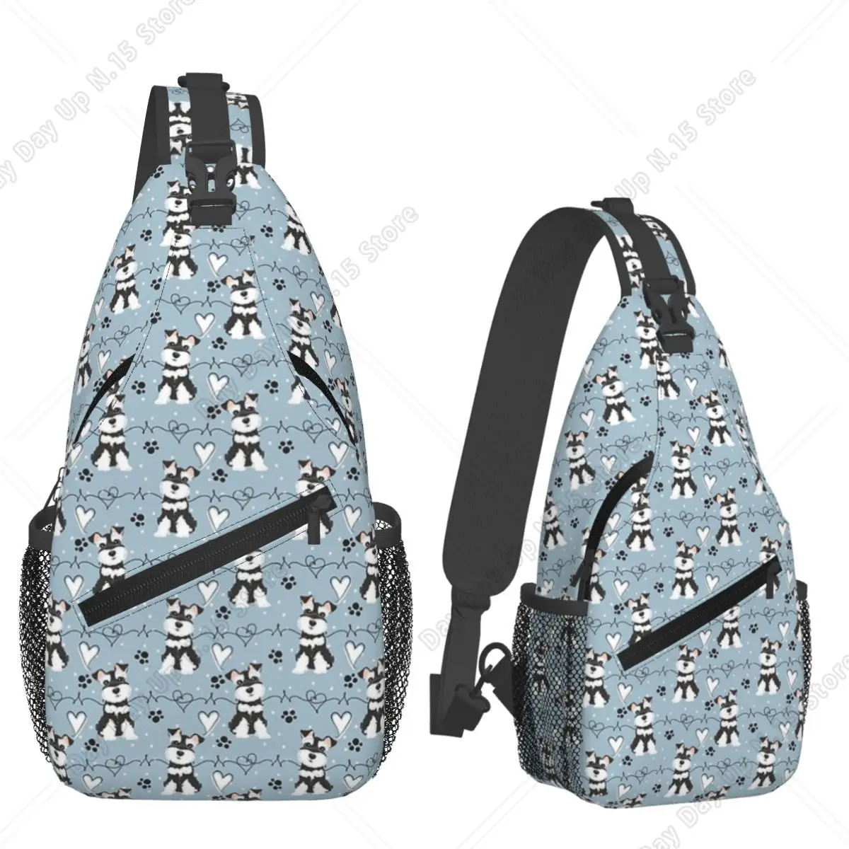 Love Black And White Miniature Schnauzer Chest Bag Men Sling Crossbody Backpack Chest Bag Travel Hiking Daypack Shoulder Bag