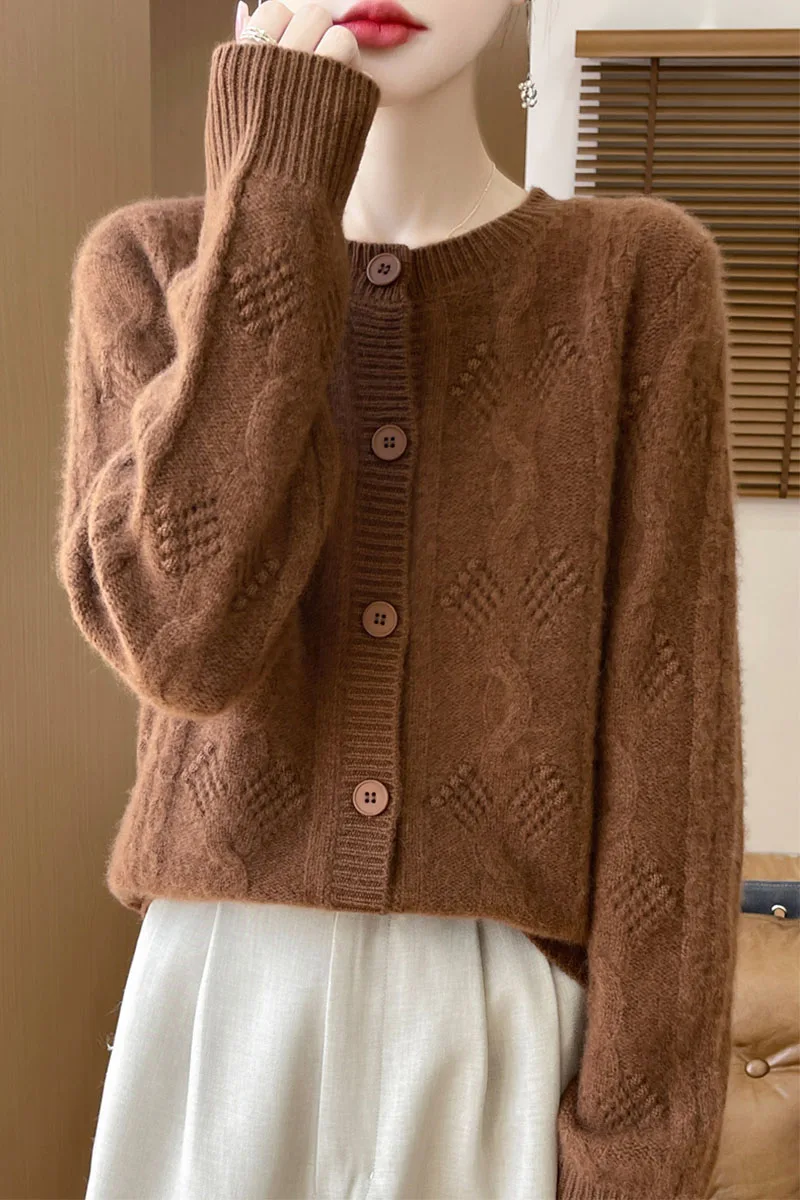 New autumn and winter imitation wool round neck sweater cardigan, simple and fashionable jacquard knitted jacket top