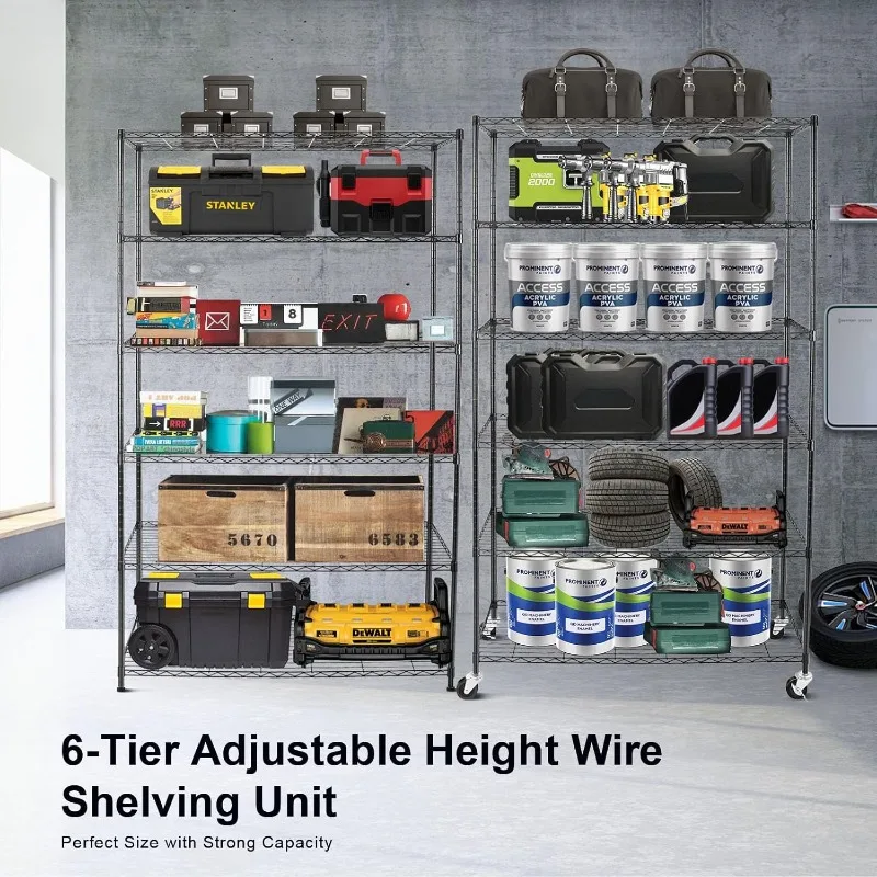 2450Lbs Capacity 6 Tier Heavy Duty NSF Wire Shelf with Rolling Wheels Black Metal Storage Shelves36