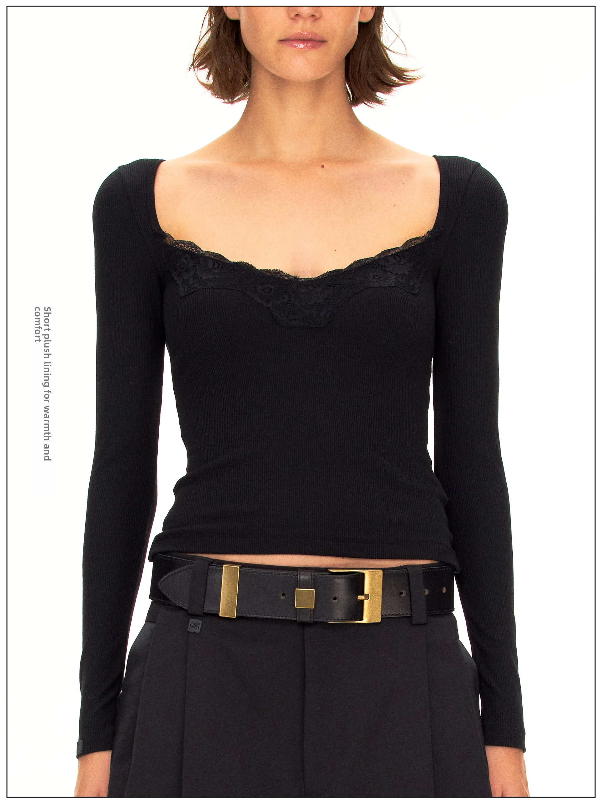 

Женская облегающая футболка из бархата с кружевом и круглым/квадратным вырезом, с длинным рукавом, стандартный крой