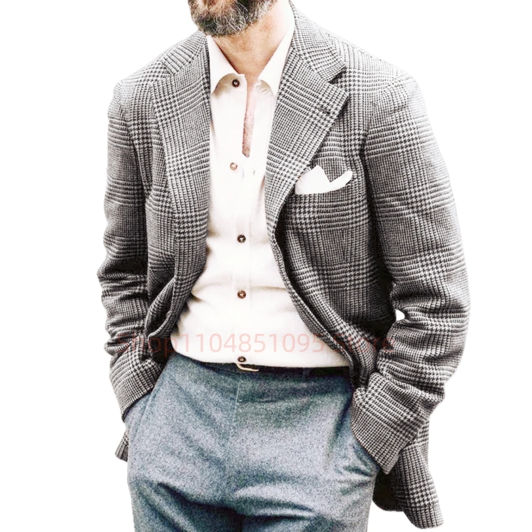 

Houndstooth Men's Blazer Casual Italian Style Man Suit Jacket Notch Lapel Two Buttons 1 PCS Check Wedding Coat for Prom Party