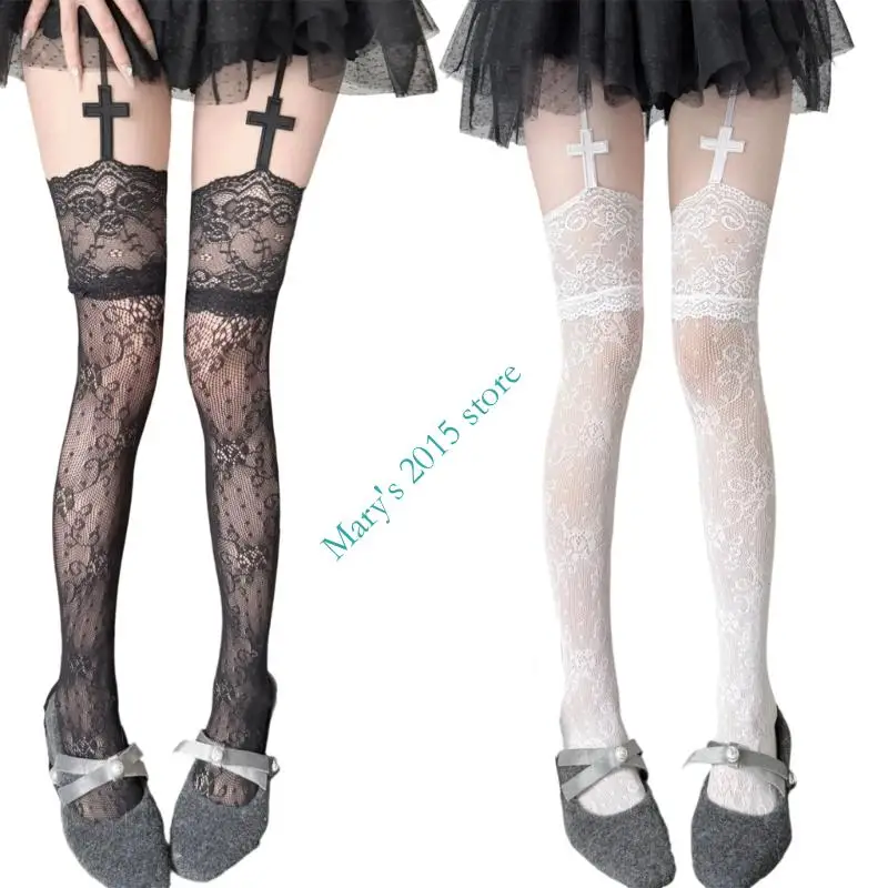 

E15F Breathable Lace Thigh High Stockings with Garter Pantyhose Tights For Retro Fashion Event And Cosplay Activity